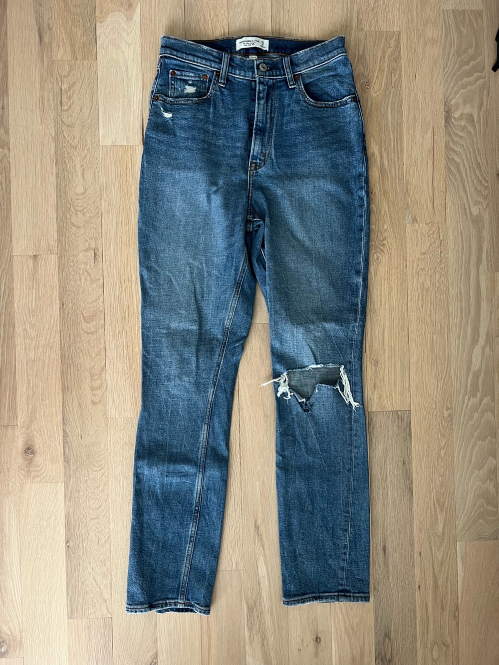 Abercrombie Curve Love Distressed Blue Denim Jeans - Classic Mid Wash